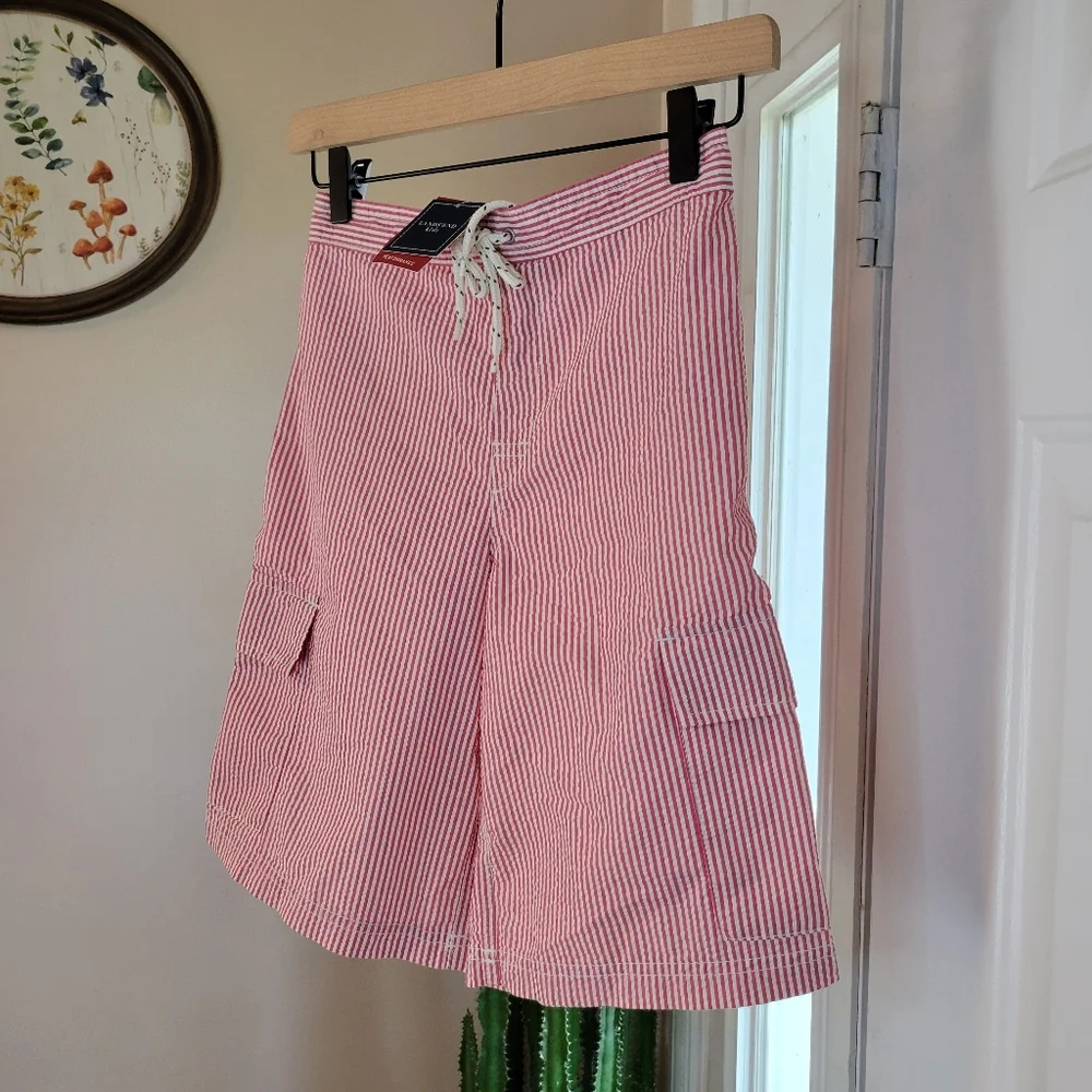 NWT Lands'‎ End Pin Striped Three Pocket Double Drawstring Swimsuit, Size 10-12